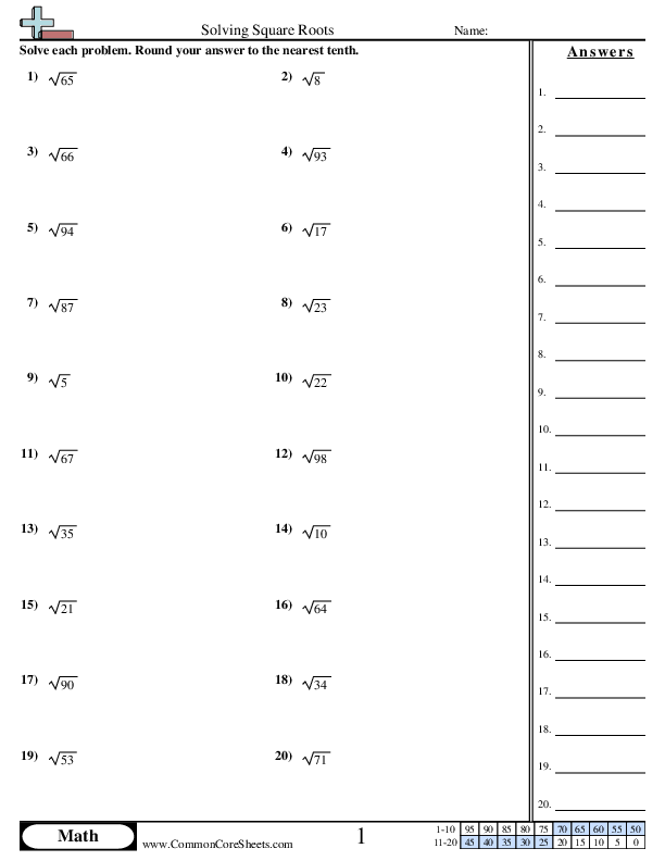 Solving Square Roots worksheet